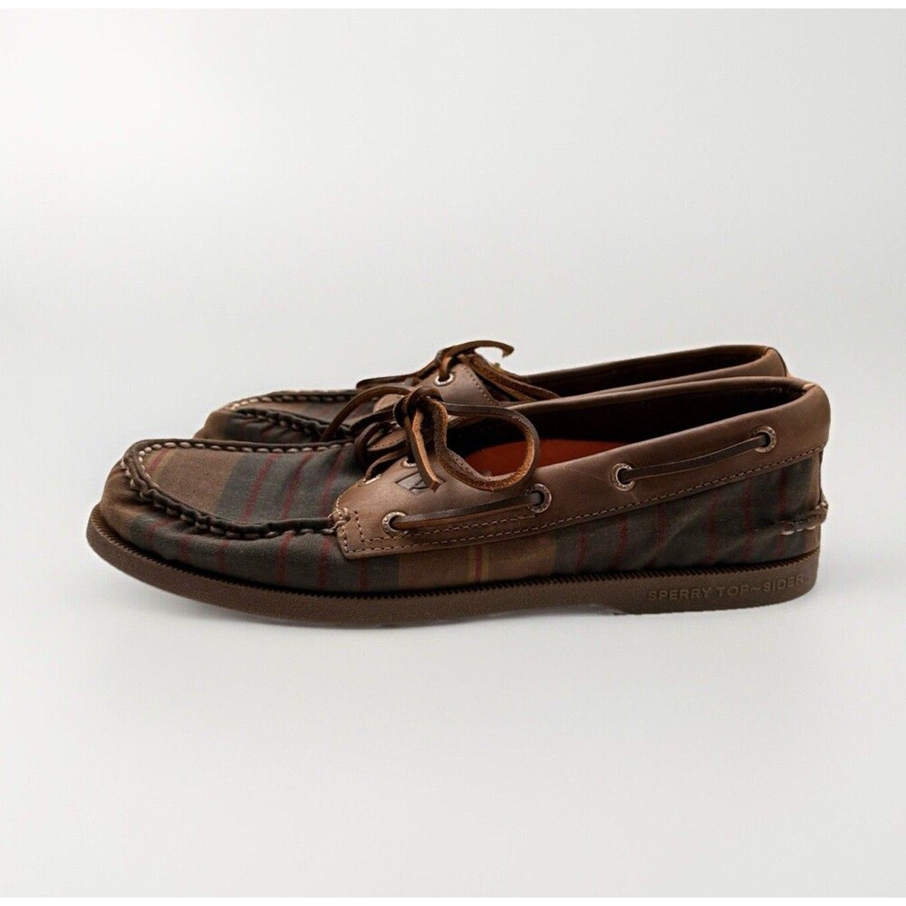 Sperry AO 2 Eye Oil Cloth Olive Plaid Mens 8.5 Boat Shoe Limited Pre-Owned